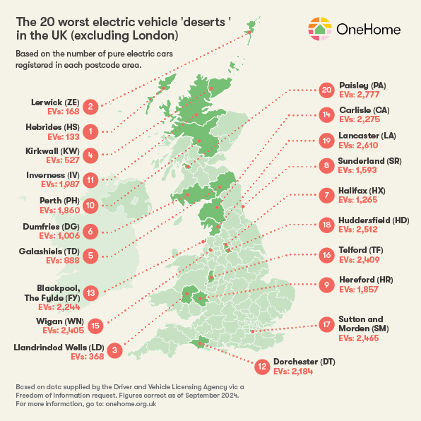 One Home top 20 EV deserts map